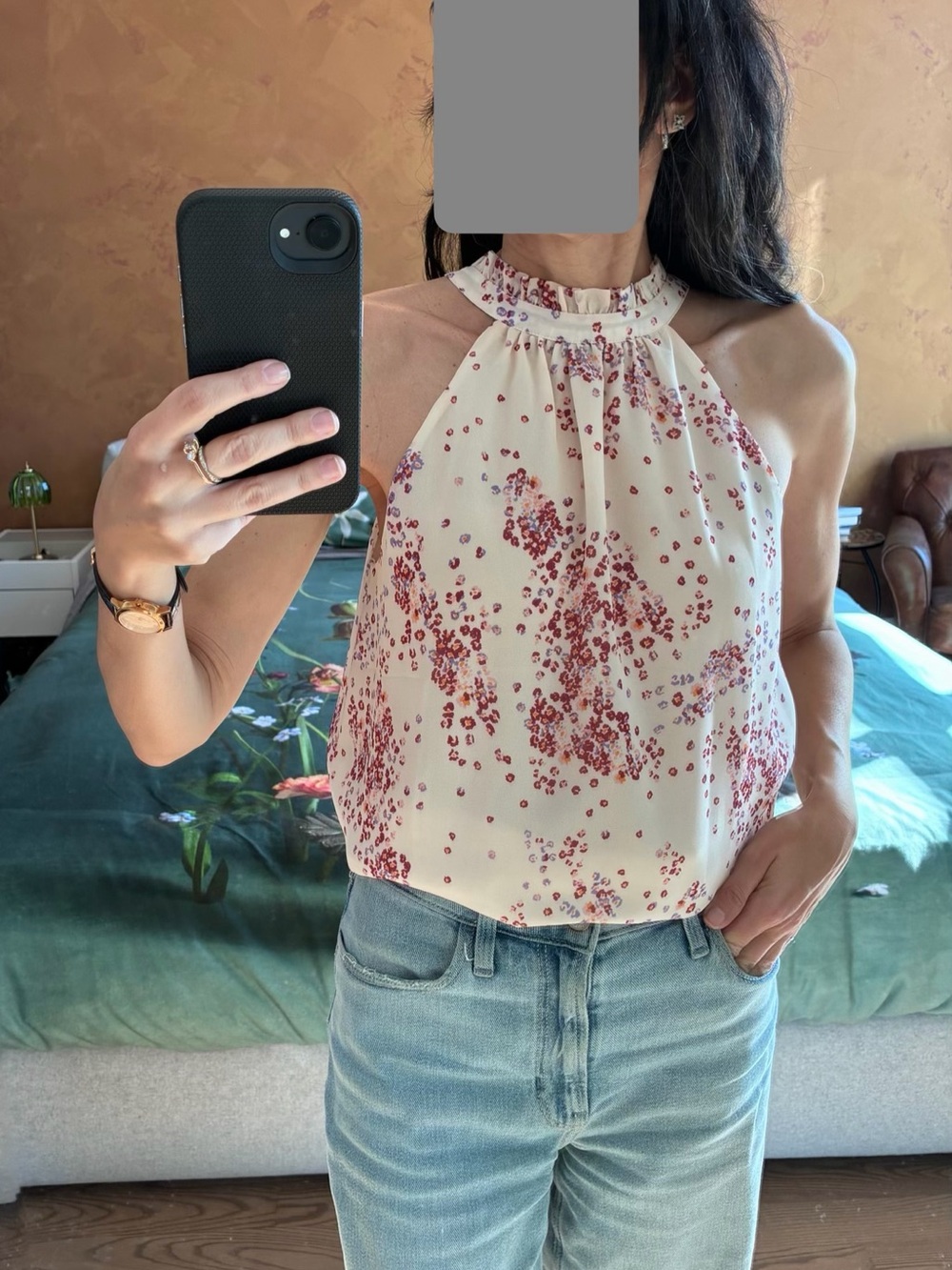 Tristan Cream Halter Camisole with Dusty Rose Floral Print